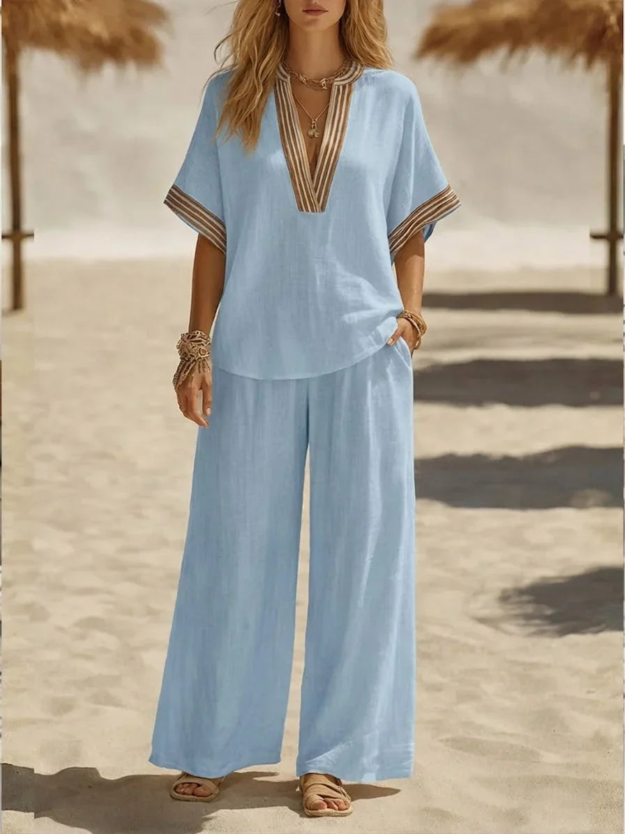 Maribel | Relaxed Linen V-Neck Two-Piece Set