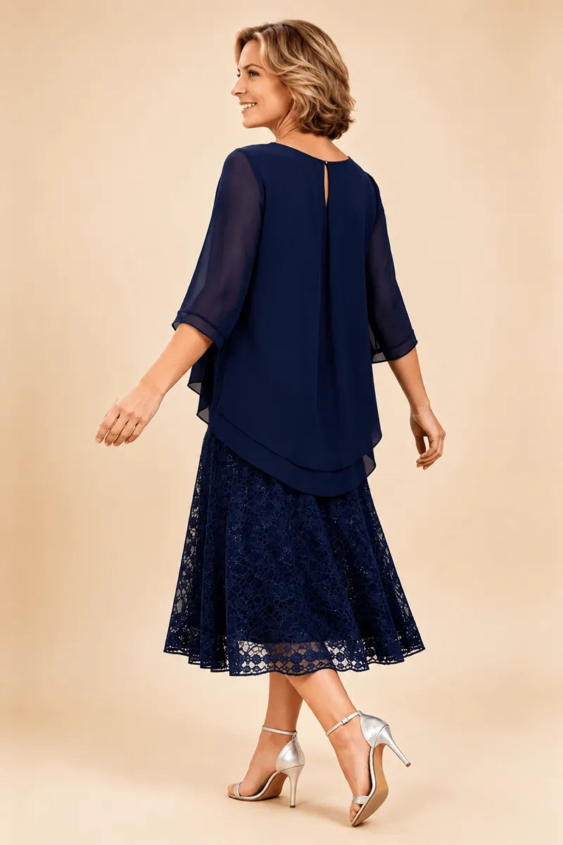 Lace mother of the bride dress in dark navy, back view