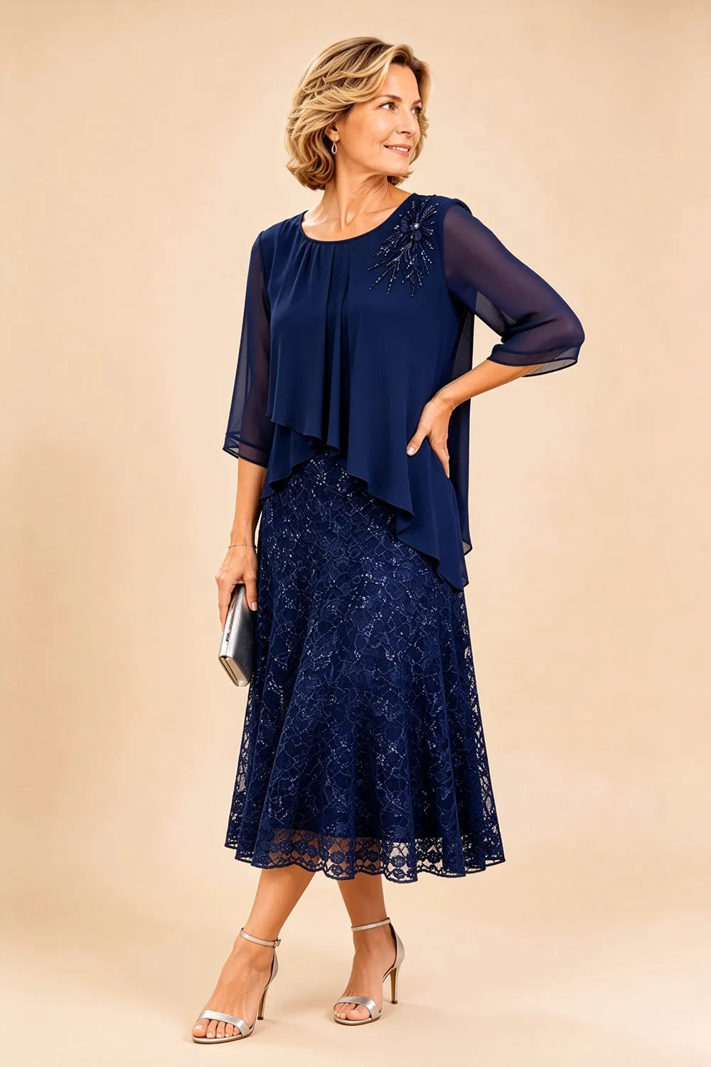 Lace mother of the bride dress in dark navy, front view