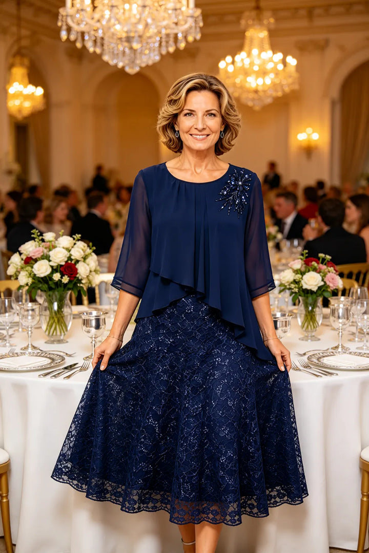 Lace mother of the bride dress in dark navy, lifestyle shot