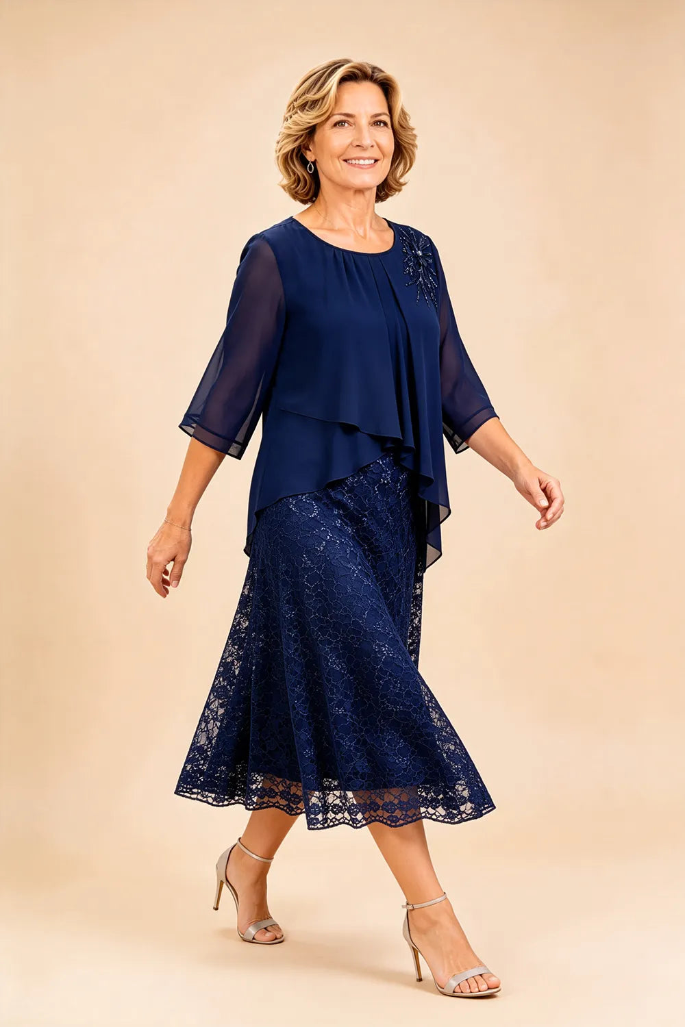 Lace mother of the bride dress in dark navy in motion