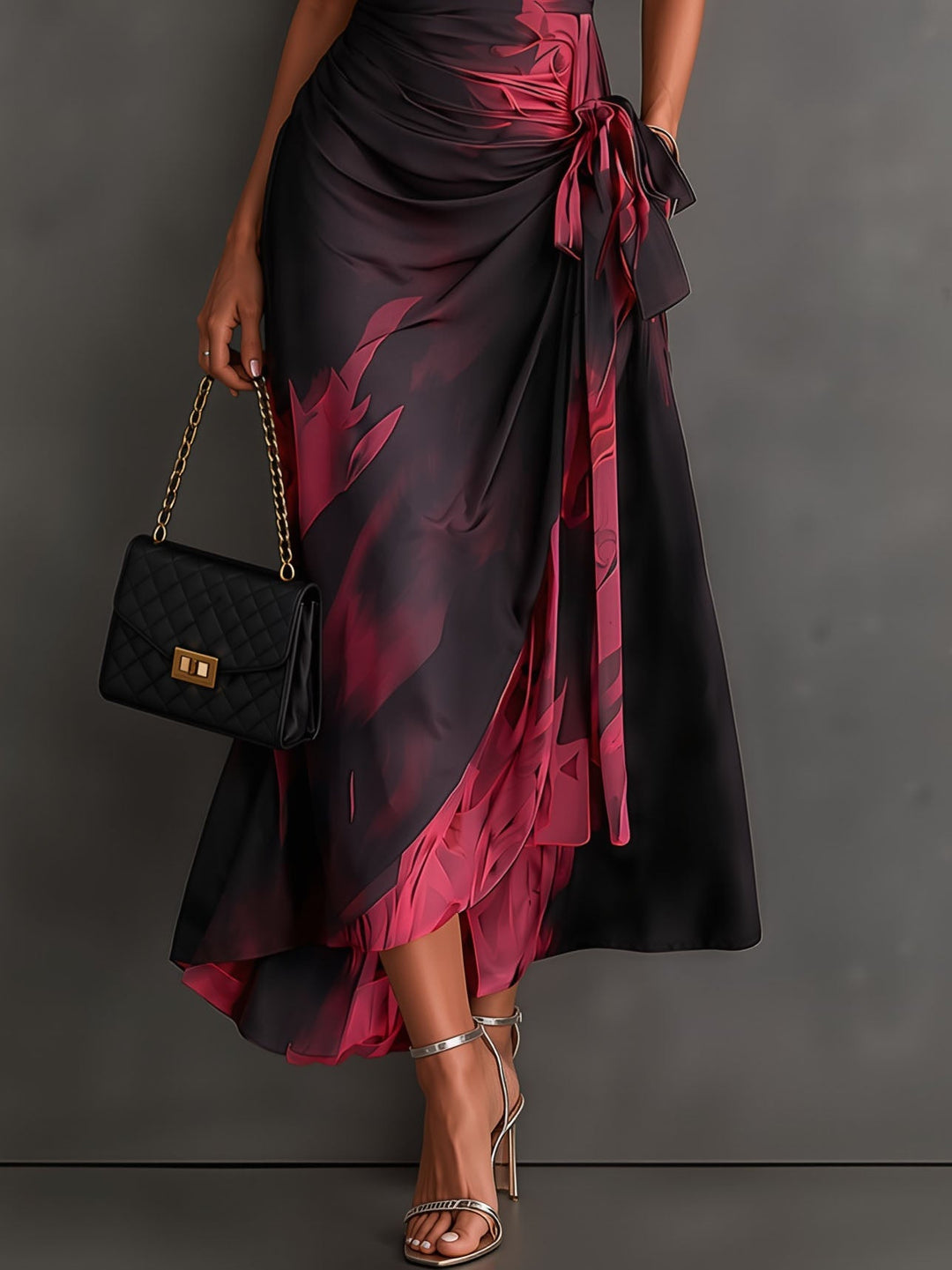 Helen | Brown Abstract Print Wrap Midi Dress